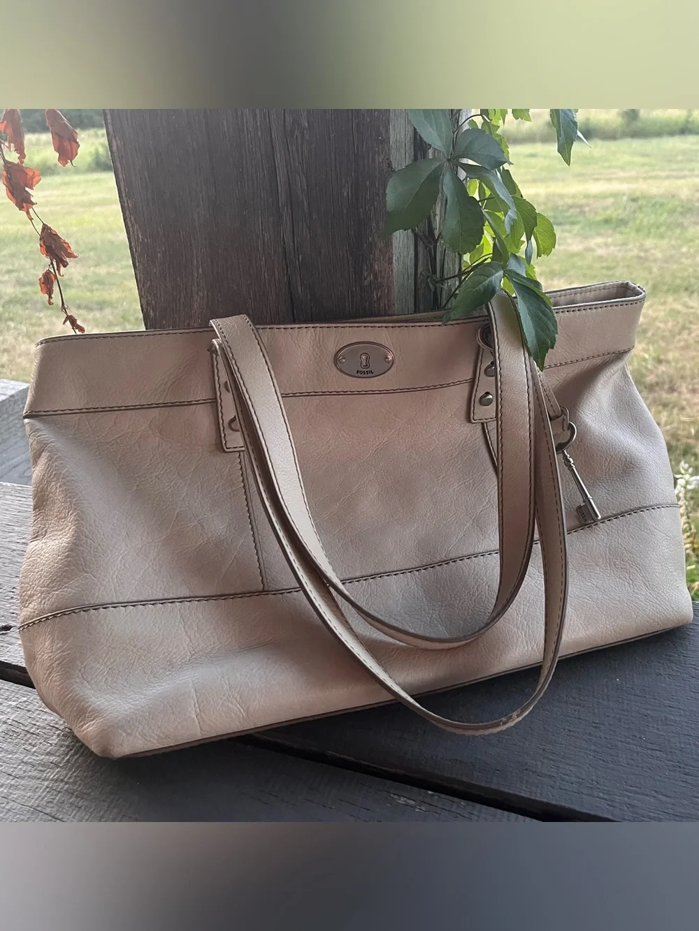 Fossil Taupe Leather Shoulder Tote with Key Charm